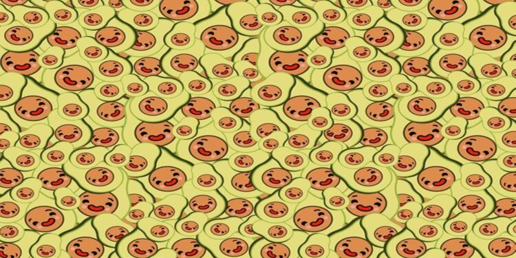 Teste visual com uma ilustração repetida de abacates cortados ao meio com rostos sorridentes e expressivos em fundo verde.