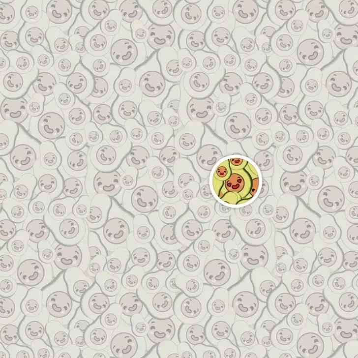 Encontre o abacate apaixonado entre os abacates com rosto sorridente Teste visual com uma ilustração repetida de abacates cortados ao meio com rostos sorridentes e expressivos em fundo verde.