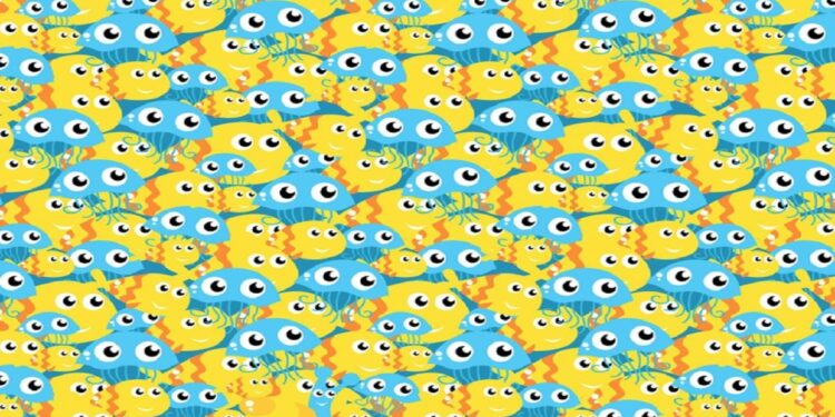 Teste visual com um padrão repetitivo com muitas águas-vivas amarelas e azuis com olhos grandes e expressivos em fundo claro