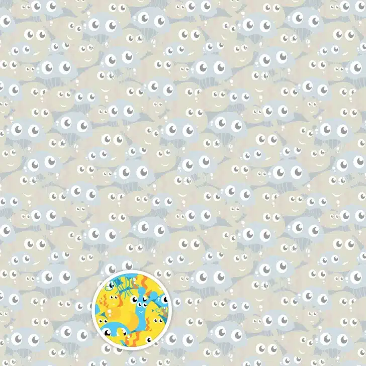 Ache o caracol entre os peixes e as muitas águas-vivas amarelas e azuis. Teste visual com um padrão repetitivo com muitas águas-vivas amarelas e azuis com olhos grandes e expressivos em fundo claro