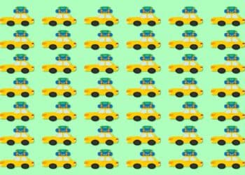 Teste visual com desenho de carros amarelos com malas azuis no teto sobre fundo verde