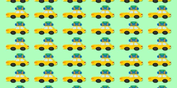 Teste visual com desenho de carros amarelos com malas azuis no teto sobre fundo verde
