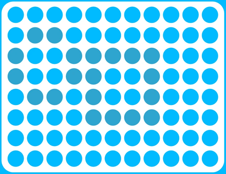 Teste visual com um padrão de círculos azuis-claros e escuros distribuídos em grade sobre um fundo branco com canto arredondado.