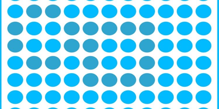 Teste visual com um padrão de círculos azuis-claros e escuros distribuídos em grade sobre um fundo branco com canto arredondado.