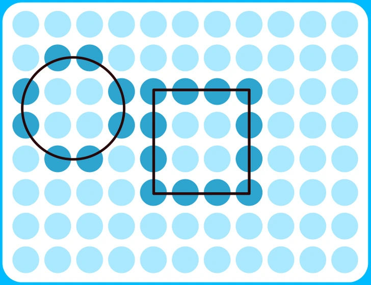 Teste visual com um padrão de círculos azuis-claros e escuros distribuídos em grade sobre um fundo branco com canto arredondado.