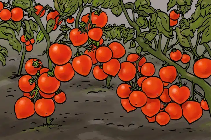 Ache o coração camuflado entre os tomates. Teste visual com vários tomates-vermelhos