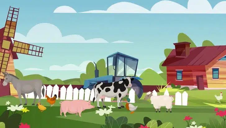 Descubra o que há de errado na cena com diversos animais de fazenda. Teste visual com uma ilustração de fazenda com animais como vaca, porco, ovelha, cavalo, aves e trator azul próximo a casa vermelha.