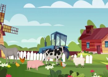 Teste visual com uma ilustração de fazenda com animais como vaca, porco, ovelha, cavalo, aves e trator azul próximo a casa vermelha.
