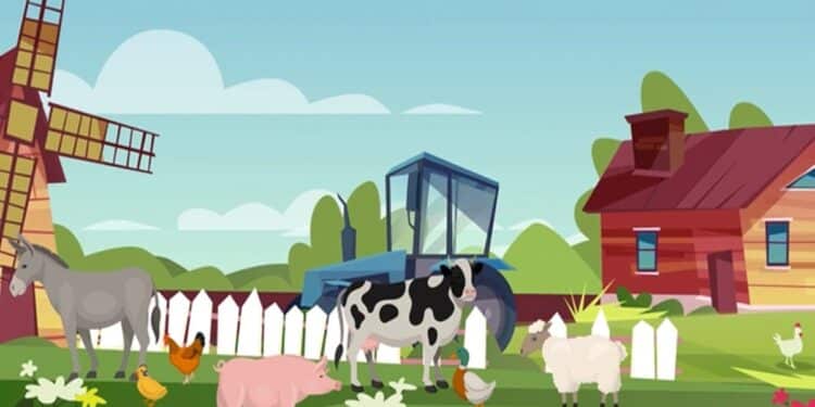 Teste visual com uma ilustração de fazenda com animais como vaca, porco, ovelha, cavalo, aves e trator azul próximo a casa vermelha.