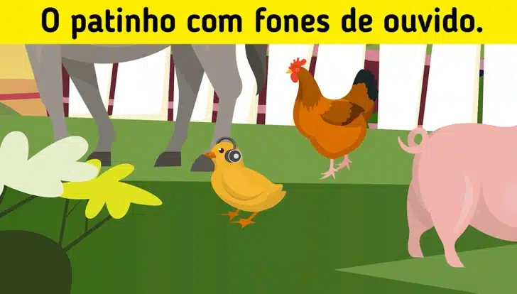 Encontre o erro na imagem da fazenda com animais e trator Teste visual com uma ilustração de fazenda com animais como vaca, porco, ovelha, cavalo, aves e trator azul próximo a casa vermelha.