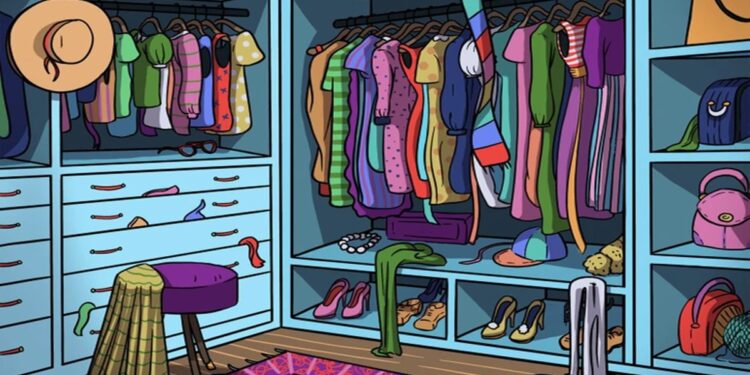 Teste visual com um guarda-roupa azul com roupas coloridas, sapatos, bolsas, chapéu e acessórios organizados em cabides e prateleiras