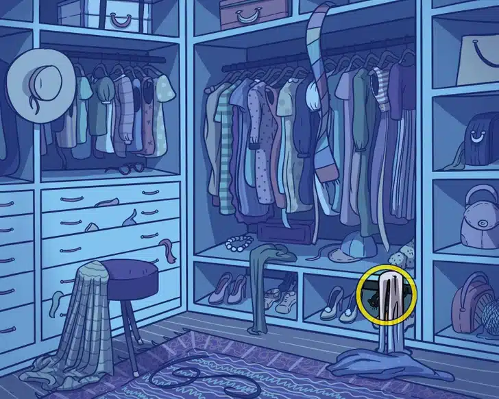 Teste visual com um guarda-roupa azul com roupas coloridas, sapatos, bolsas, chapéu e acessórios organizados em cabides e prateleiras