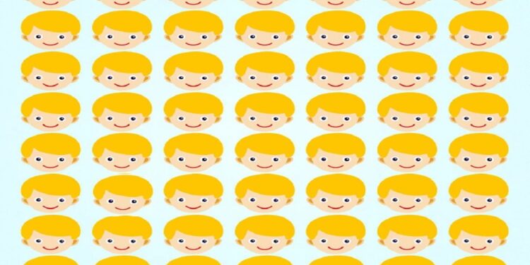 Teste visual com múltiplos rostos amarelos sorridentes com um rosto triste