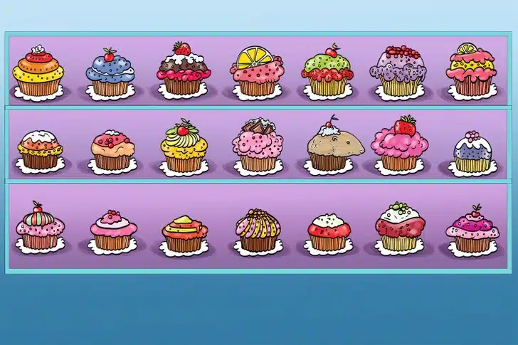 Encontre o bolinho falso entre diversos cupcakes artesanais em ilustração colorida. Teste visual com bolinhos desenhados com coberturas variadas