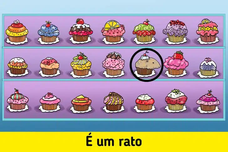 Ache o bolinho falso entre os bolinhos coloridos com coberturas variadas e enfeites decorativos. Teste visual com bolinhos desenhados com coberturas variadas