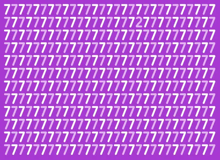 Teste visual com diversas linhas do número 7 repetido em branco e lilás sobre fundo roxo