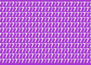 Teste visual com diversas linhas do número 7 repetido em branco e lilás sobre fundo roxo