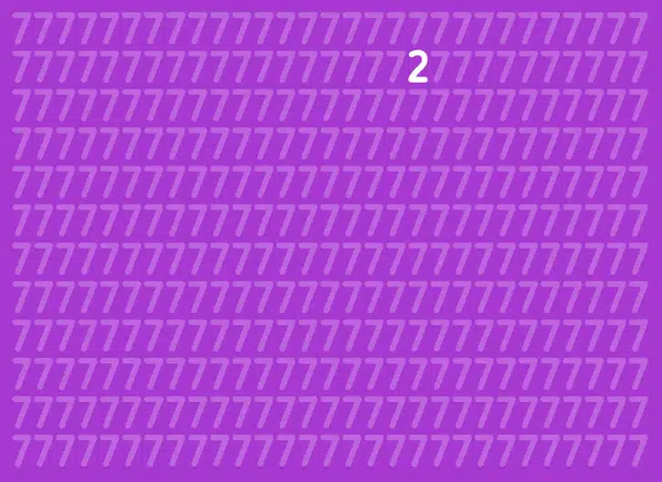 Teste visual com diversas linhas do número 7 repetido em branco e lilás sobre fundo roxo