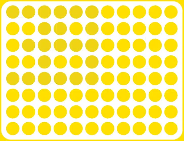 Ache o número 39 neste padrão visual formado por círculos amarelos. Teste visual com um padrão repetido de círculos amarelos em fundo branco com cantos arredondados.