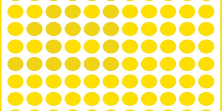 Teste visual com pontos amarelos organizados em linhas sobre fundo branco.