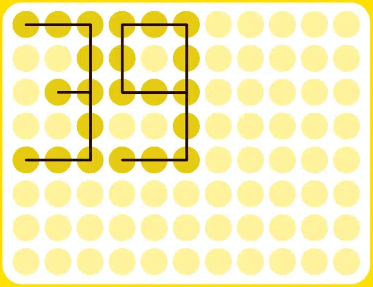 Teste visual com pontos amarelos organizados em linhas sobre fundo branco.