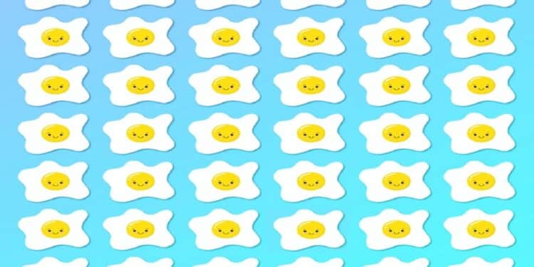 Teste visual com um padrão de ovos estrelados com gemas amarelas e rostos sorridentes em fundo azul