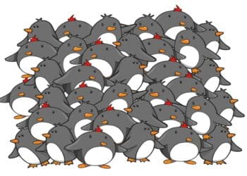 Teste visual com uma ilustração de vários pinguins cinzas com barriga branca e detalhes em vermelho, reunidos em grupo compacto