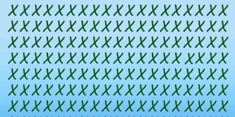 Teste visual com várias letras X verdes espalhadas sobre fundo azul, contendo algumas letras Y escondidas.