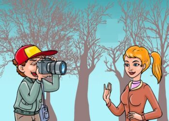 Teste visual com uma ilustração de um menino com boné vermelho tirando foto com câmera digital de uma jovem mulher loira no parque com árvores ao fundo