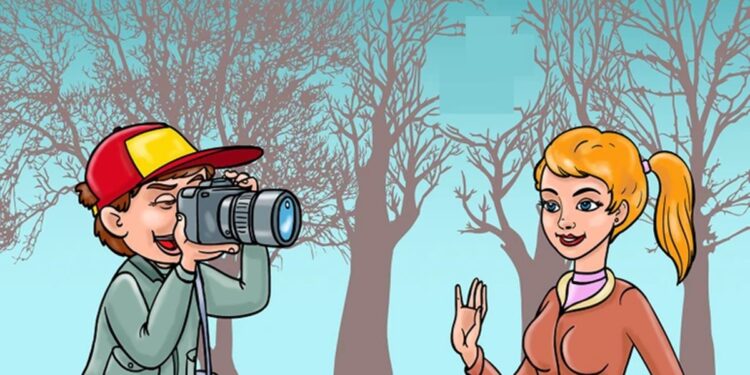 Teste visual com uma ilustração de um menino com boné vermelho tirando foto com câmera digital de uma jovem mulher loira no parque com árvores ao fundo