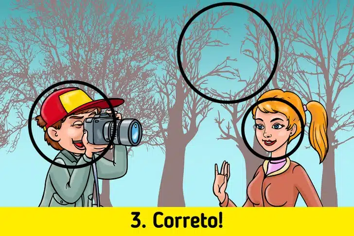 Teste visual com uma ilustração de um menino com boné vermelho tirando foto com câmera digital de uma jovem mulher loira no parque com árvores ao fundo