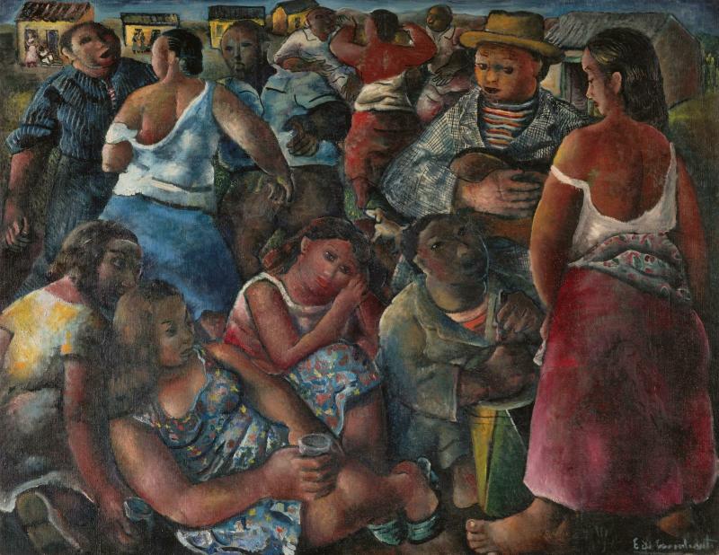 Pintura 'Danse populaire brésilienne' de Di Cavalcanti, retratando um grupo de homens e mulheres em uma cena de festa popular ou rural, com vestimentas simples e cores terrosas.