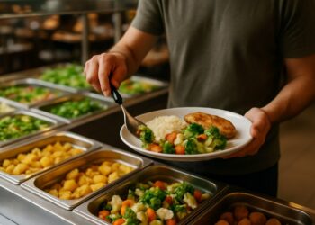 Pessoa servindo comida com vegetais e arroz em um prato, com foco em um buffet de alimentos.
