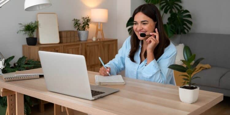 Profissional sorridente realizando atendimento remoto com headset em escritório doméstico aconchegante fazendo anotações durante videochamada.