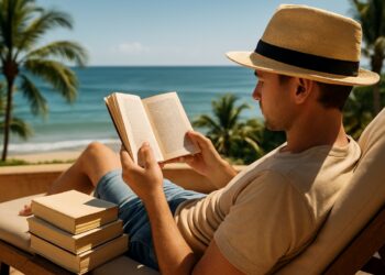 Homem lendo um livro à beira-mar, simbolizando recomendações de leitura para as férias de fim de ano.
