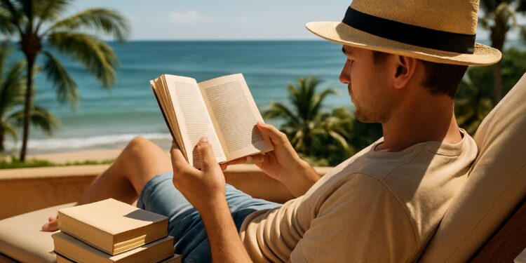 Homem lendo um livro à beira-mar, simbolizando recomendações de leitura para as férias de fim de ano.