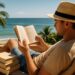 Homem lendo um livro à beira-mar, simbolizando recomendações de leitura para as férias de fim de ano.