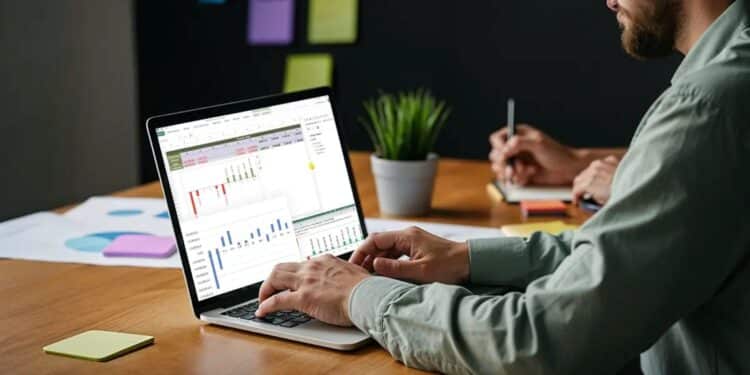 Profissional analisando gráficos de dados e indicadores econômicos em notebook no ambiente de trabalho.