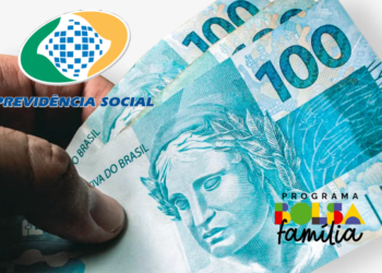 Cédulas de R$100 com logotipos do Bolsa Família e Previdência Social, ilustrando benefícios sociais.