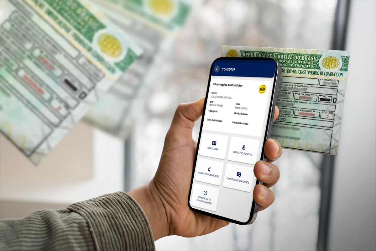 RNPC Imagem de um celular mostrando a tela do aplicativo CNH do Brasil com a opção 'Cadastro Positivo' para a adesão ao RNPC.