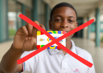 Cartão Pé-de-Meia com faixa vermelha sobreposta, indicando uma redução de benefícios