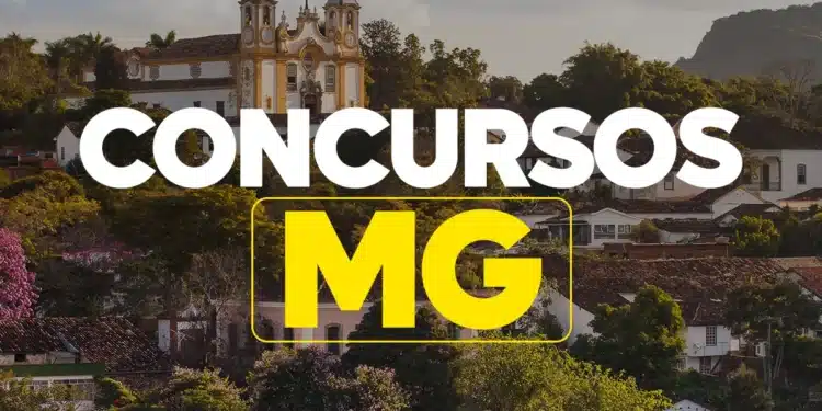 Vista panorâmica de cidade histórica em Minas Gerais com texto Concurso MG destacado