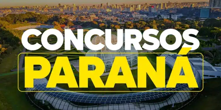 Vista aérea do Jardim Botânico de Curitiba com texto em destaque "Concursos Paraná" em branco e amarelo.