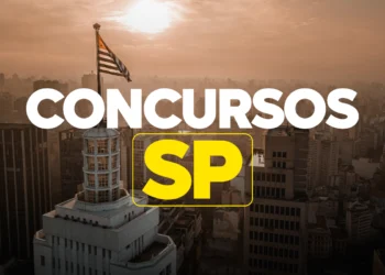 Bandeira de São Paulo em alto prédio com cidade ao fundo e texto concursos SP em destaque