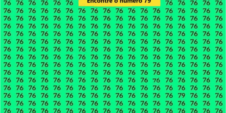 Imagem com vários números 76 em verde e texto “Encontre o número 79” no topo.