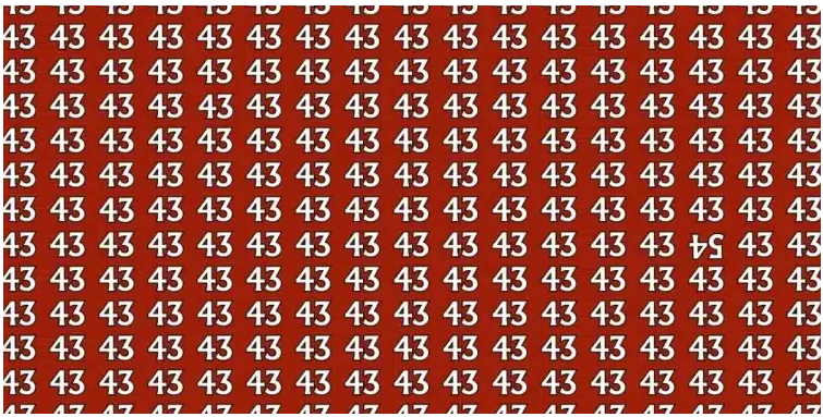 Desafio visual Padrão de números 43 em fundo vermelho com o número 54 invertido e destacado entre eles