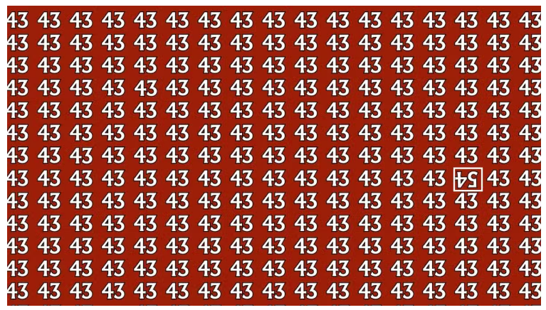 Desafio visual Padrão repetido de números 43 em fundo vermelho com o número 54 destacado e invertido.