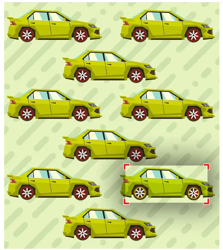 Desafio visual Carro verde com quatro portas e uma roda dourada diferente das demais em destaque.