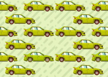 Vários carros verdes com rodas vermelhas em fundo claro com formas.