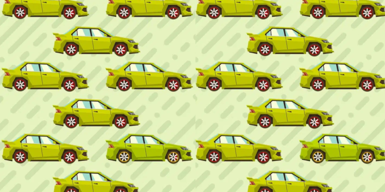 Vários carros verdes com rodas vermelhas em fundo claro com formas.